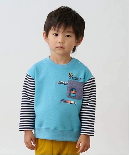 kladskap（クレードスコープ）の「電車刺しゅう袖ボーダートレーナー（スウェット・キッズ・ライトベージュ/ターコイズブルー/ブルー/ベージュ・80ｃｍ/90cm/100cm/110cm/120cm/130cm）」の4枚目の写真