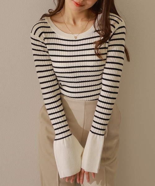 Lace Ladies(レースレディース)の「クルーネック フレアスリーブ リブニット プルオーバー(ニット/セーター・レディース・グレー/ベージュ/ブラック/ブラック×ホワイト・S/FREE)」の18枚目の写真