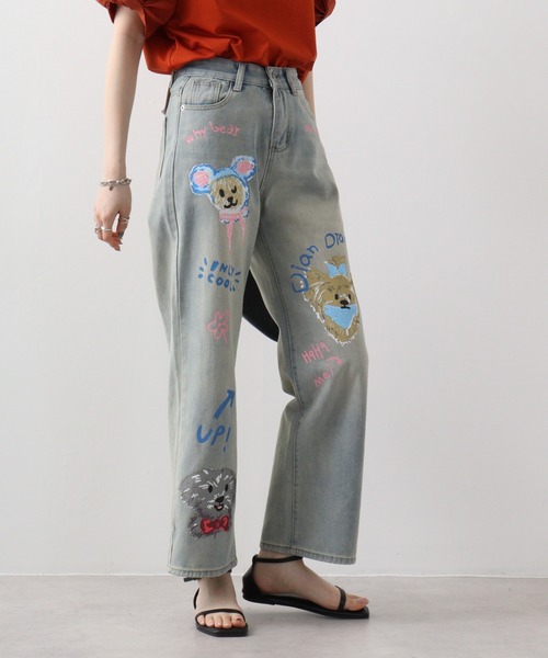 かつきくん作成兼着用　ストライプデニムパンツ 狼迫撃デニムパンツ 絡繰魂 222237 和柄 和風 刺繍 オオカミ