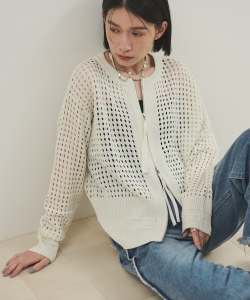 auralee メッシュカーディガン セール】ルーズシルエットシアーメッシュメタルZIPカーディガン