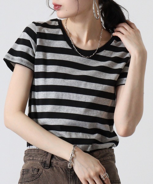 TRUSS(トラス)の「TRUSS ウィメンズボーダーTシャツ(Tシャツ/カットソー・レディース・グレー系/ホワイト系/ホワイト×ブラック/ホワイト×ネイビー・XS)」の4枚目の写真