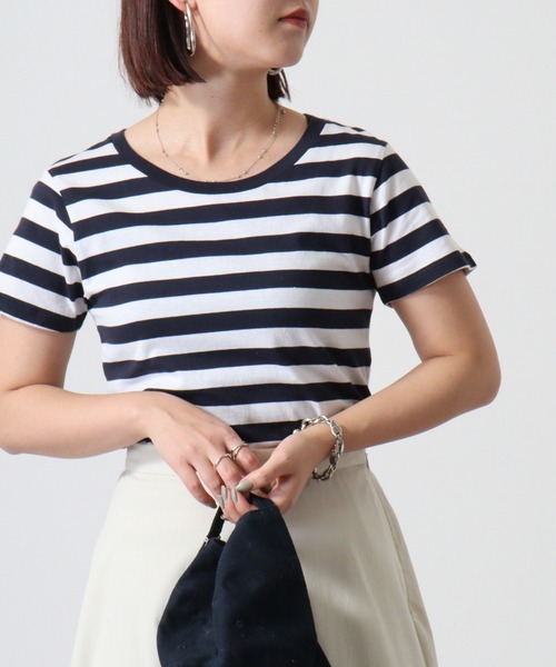 TRUSS(トラス)の「TRUSS ウィメンズボーダーTシャツ(Tシャツ/カットソー・レディース・グレー系/ホワイト系/ホワイト×ブラック/ホワイト×ネイビー・XS)」の2枚目の写真