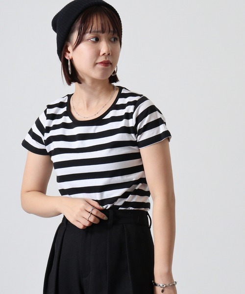 TRUSS(トラス)の「TRUSS ウィメンズボーダーTシャツ(Tシャツ/カットソー・レディース・グレー系/ホワイト系/ホワイト×ブラック/ホワイト×ネイビー・XS)」の5枚目の写真