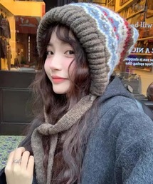 MAISON DE THERESE(メゾン ド テレーズ)の紐付き キャップ 手編み風ノルディック柄ドロストニット帽(ニットキャップ/ビーニー)