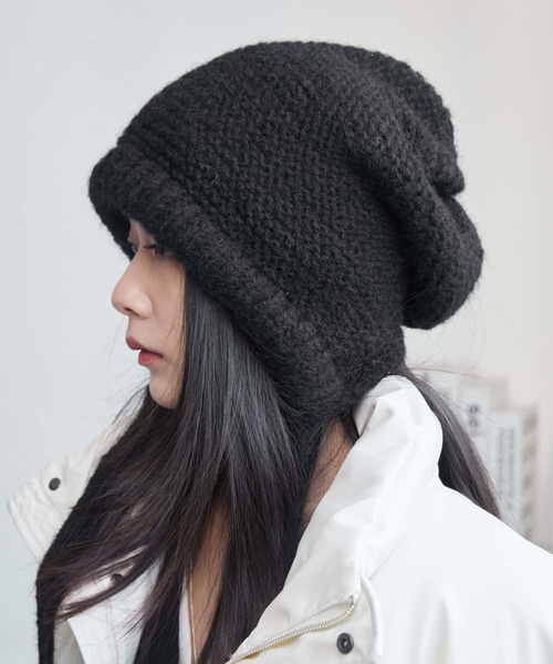 セール】紐付き キャップ 手編み風ノルディック柄ドロストニット