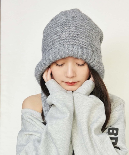 セール】紐付き キャップ 手編み風ノルディック柄ドロストニット