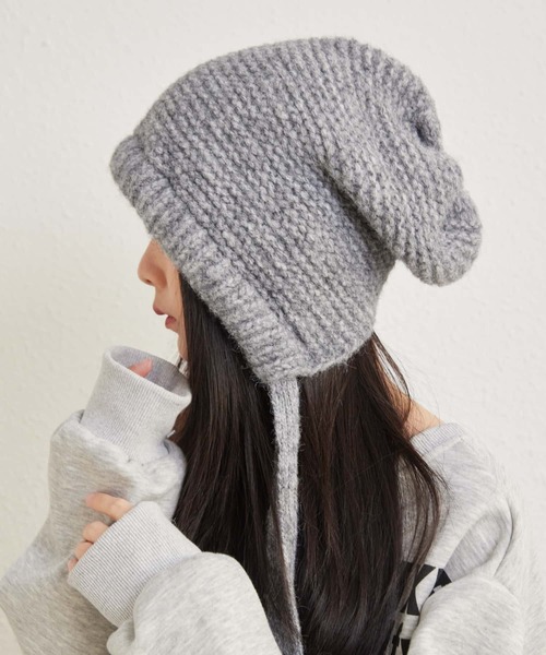 セール】紐付き キャップ 手編み風ノルディック柄ドロストニット