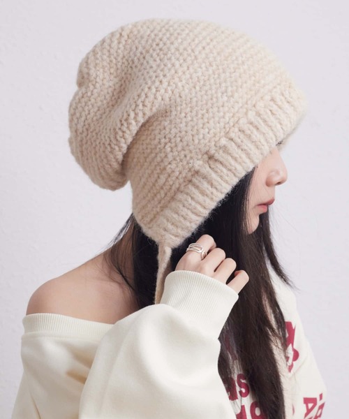 セール】紐付き キャップ 手編み風ノルディック柄ドロストニット帽