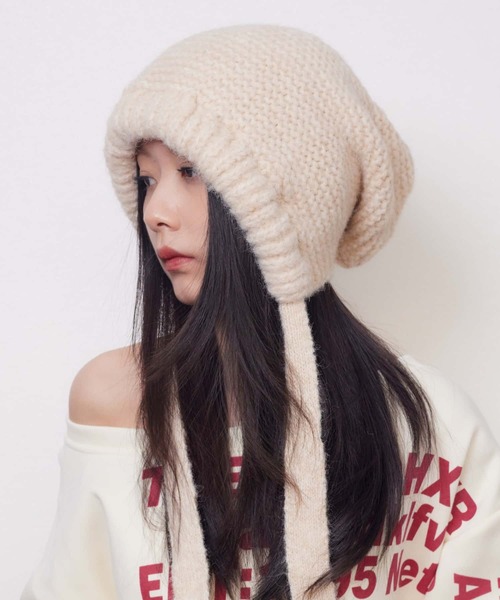 セール】紐付き キャップ 手編み風ノルディック柄ドロストニット帽