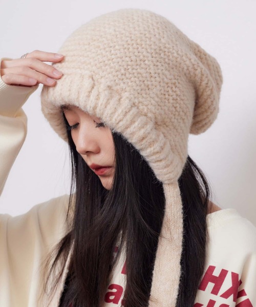 セール】紐付き キャップ 手編み風ノルディック柄ドロストニット