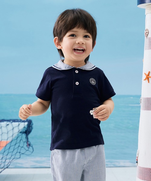 combimini(コンビミニ)の「半袖襟付きポロシャツ(マリン)(ポロシャツ・キッズ・ホワイト/ネイビー・80/90/100/110/120)」の2枚目の写真