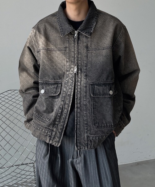 ユニセックス】ウォッシュ加工ジップデニムジャケット