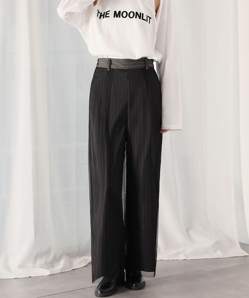 Ampirula(アンピルーラ)の「チュールドッキングピンストライプフレアワイドパンツ(その他パンツ・レディース・グレイッシュベージュ/ブラック・FREE)」の3枚目の写真