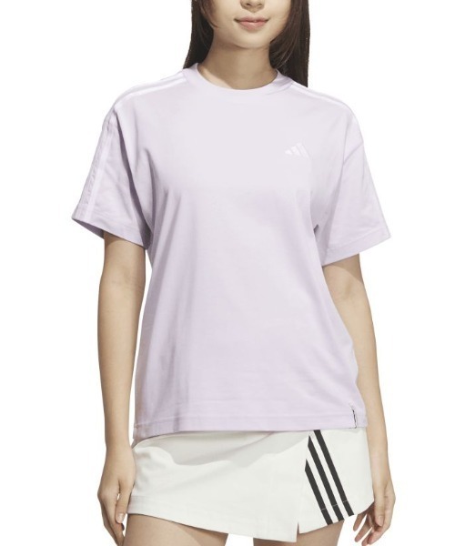 adidas(アディダス)の「アディダス adidas エッセンシャルズ プラス スリーストライプス 半袖Tシャツ(Tシャツ/カットソー・レディース・ペールイエロー/ライラック/ライトベージュ・M/L/XL/S)」の1枚目の写真