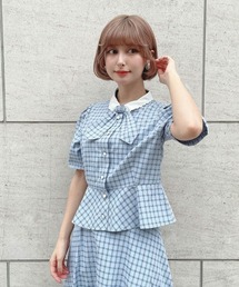 【セットアップ対応】クレリック衿ドビーチェックペプラムブラウス/ fint　フィント