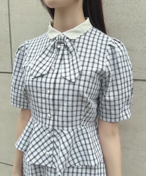 F i.n.t（フィント）の「【セットアップ対応】クレリック衿ドビーチェックペプラムブラウス/ fint　フィント（シャツ/ブラウス・レディース・ホワイト×ブラック/ブルー・FREE）」の19枚目の写真
