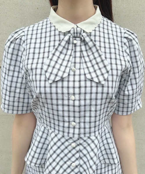 F i.n.t（フィント）の「【セットアップ対応】クレリック衿ドビーチェックペプラムブラウス/ fint　フィント（シャツ/ブラウス・レディース・ホワイト×ブラック/ブルー・FREE）」の18枚目の写真