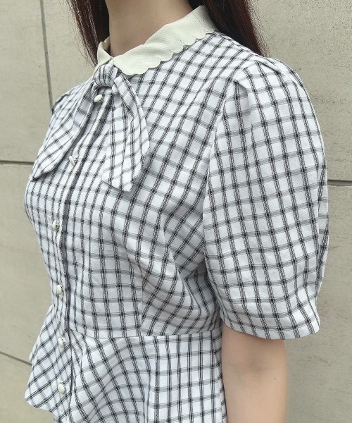 F i.n.t（フィント）の「【セットアップ対応】クレリック衿ドビーチェックペプラムブラウス/ fint　フィント（シャツ/ブラウス・レディース・ホワイト×ブラック/ブルー・FREE）」の17枚目の写真