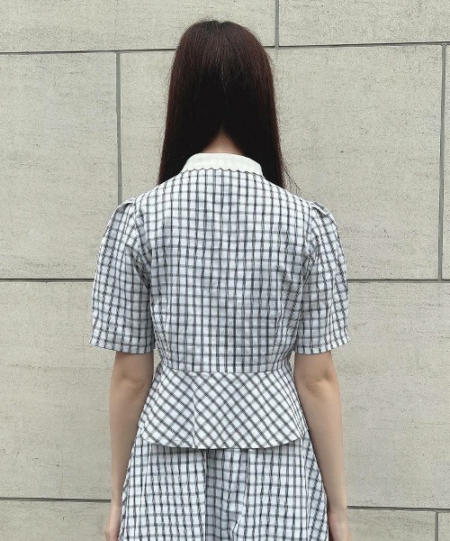 F i.n.t（フィント）の「【セットアップ対応】クレリック衿ドビーチェックペプラムブラウス/ fint　フィント（シャツ/ブラウス・レディース・ホワイト×ブラック/ブルー・FREE）」の14枚目の写真