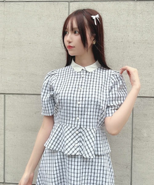 F i.n.t（フィント）の「【セットアップ対応】クレリック衿ドビーチェックペプラムブラウス/ fint　フィント（シャツ/ブラウス・レディース・ホワイト×ブラック/ブルー・FREE）」の13枚目の写真