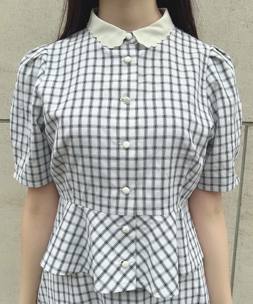 F i.n.t（フィント）の「【セットアップ対応】クレリック衿ドビーチェックペプラムブラウス/ fint　フィント（シャツ/ブラウス・レディース・ホワイト×ブラック/ブルー・FREE）」の12枚目の写真