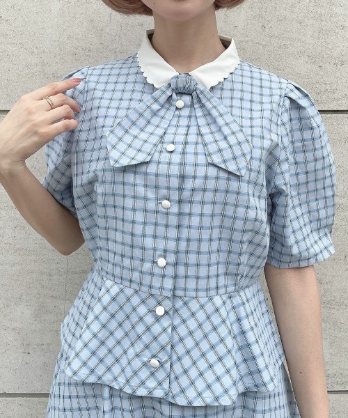 F i.n.t（フィント）の「【セットアップ対応】クレリック衿ドビーチェックペプラムブラウス/ fint　フィント（シャツ/ブラウス・レディース・ホワイト×ブラック/ブルー・FREE）」の10枚目の写真