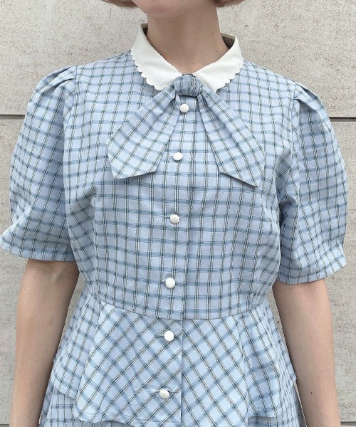 F i.n.t（フィント）の「【セットアップ対応】クレリック衿ドビーチェックペプラムブラウス/ fint　フィント（シャツ/ブラウス・レディース・ホワイト×ブラック/ブルー・FREE）」の9枚目の写真