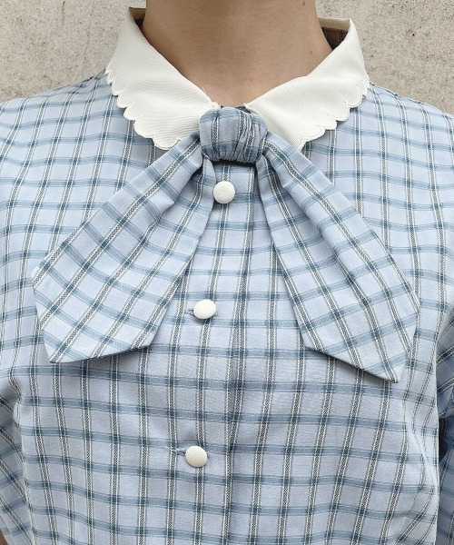 F i.n.t（フィント）の「【セットアップ対応】クレリック衿ドビーチェックペプラムブラウス/ fint　フィント（シャツ/ブラウス・レディース・ホワイト×ブラック/ブルー・FREE）」の8枚目の写真