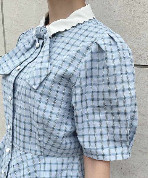 F i.n.t（フィント）の「【セットアップ対応】クレリック衿ドビーチェックペプラムブラウス/ fint　フィント（シャツ/ブラウス・レディース・ホワイト×ブラック/ブルー・FREE）」の7枚目の写真