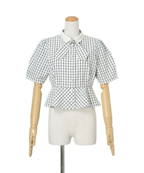 F i.n.t（フィント）の「【セットアップ対応】クレリック衿ドビーチェックペプラムブラウス/ fint　フィント（シャツ/ブラウス・レディース・ホワイト×ブラック/ブルー・FREE）」の6枚目の写真