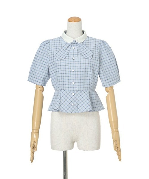 F i.n.t（フィント）の「【セットアップ対応】クレリック衿ドビーチェックペプラムブラウス/ fint　フィント（シャツ/ブラウス・レディース・ホワイト×ブラック/ブルー・FREE）」の5枚目の写真