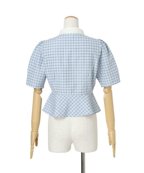 F i.n.t（フィント）の「【セットアップ対応】クレリック衿ドビーチェックペプラムブラウス/ fint　フィント（シャツ/ブラウス・レディース・ホワイト×ブラック/ブルー・FREE）」の4枚目の写真