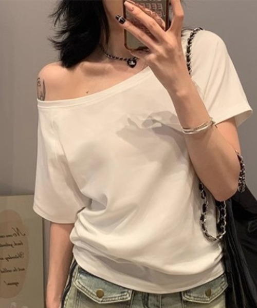 Teem Store（チームストア）の「シンプルデザインワンショルTシャツ（Tシャツ/カットソー・レディース・グレー/ネイビー/ホワイト/ブラック・S/M/L）」の18枚目の写真