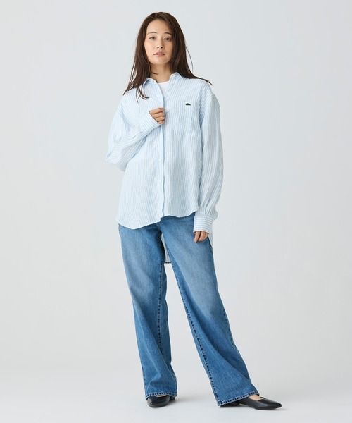 【新品未使用】LACOSTE 長袖シャツ サイズ36 水色ストライプ ラコステ シルク混 ストライプシャツ 長袖 ブルー系 サイズ36