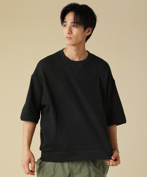 日本製「泉州」ハニカムサーマルニットガゼットクルーネック半袖スウェットライクTシャツ