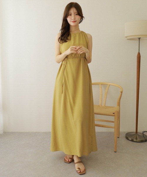 back ribbon sleeveless long dress /ギャザー ネックバッグリボン