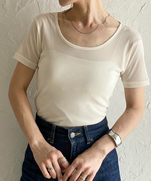 anuke ベージュ シースルー Tシャツ新品未使用 セール】クルーネックシースルー/半袖シアーTシャツカットソー