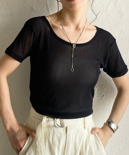 Descente luxe シースルー半袖カットソー　Lサイズ セール】クルーネックシースルー/半袖シアーTシャツカットソー