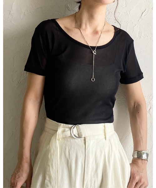 セール】クルーネックシースルー/半袖シアーTシャツカットソー