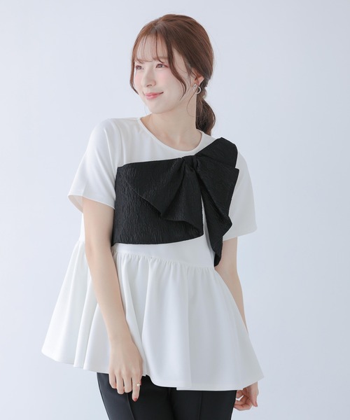 Fit more(フィットモア)の「ジャガードリボンペプラムトップス(Tシャツ/カットソー・レディース・ホワイト/ブラック・FREE)」の2枚目の写真