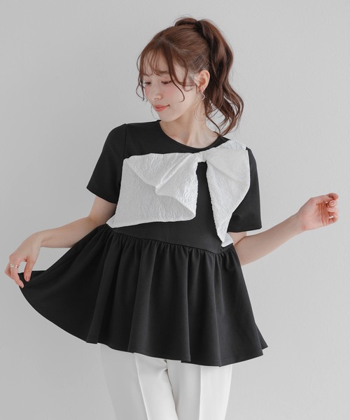 Fit more(フィットモア)の「ジャガードリボンペプラムトップス(Tシャツ/カットソー・レディース・ホワイト/ブラック・FREE)」の14枚目の写真