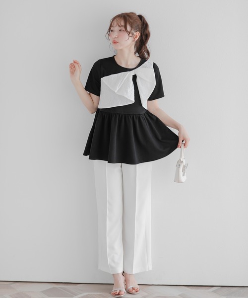 Fit more(フィットモア)の「ジャガードリボンペプラムトップス(Tシャツ/カットソー・レディース・ホワイト/ブラック・FREE)」の15枚目の写真