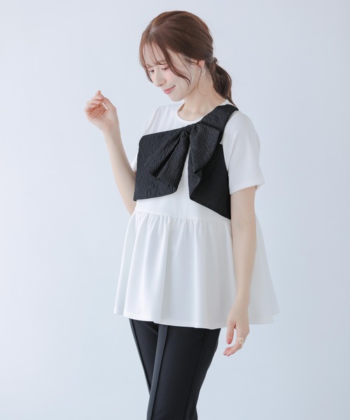 Fit more(フィットモア)の「ジャガードリボンペプラムトップス(Tシャツ/カットソー・レディース・ホワイト/ブラック・FREE)」の16枚目の写真