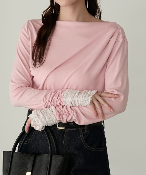 Cherir Mignon(シェリルミニョン)の「【Cherir Mignon】- Silhouette Couture -レース袖ドレープボートネックロンTEE(Tシャツ/カットソー・レディース・チャコールグレー/アイボリー/ブラック/ピンク/ブラウン・S/M)」の5枚目の写真