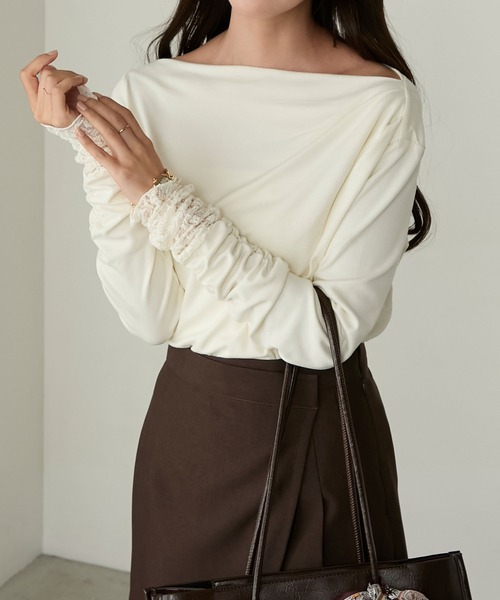 Cherir Mignon(シェリルミニョン)の「【Cherir Mignon】- Silhouette Couture -レース袖ドレープボートネックロンTEE(Tシャツ/カットソー・レディース・チャコールグレー/アイボリー/ブラック/ピンク/ブラウン・S/M)」の15枚目の写真
