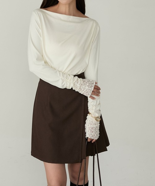 Cherir Mignon(シェリルミニョン)の「【Cherir Mignon】- Silhouette Couture -レース袖ドレープボートネックロンTEE(Tシャツ/カットソー・レディース・チャコールグレー/アイボリー/ブラック/ピンク/ブラウン・S/M)」の16枚目の写真