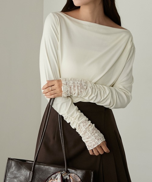 Cherir Mignon(シェリルミニョン)の「【Cherir Mignon】- Silhouette Couture -レース袖ドレープボートネックロンTEE(Tシャツ/カットソー・レディース・チャコールグレー/アイボリー/ブラック/ピンク/ブラウン・S/M)」の21枚目の写真