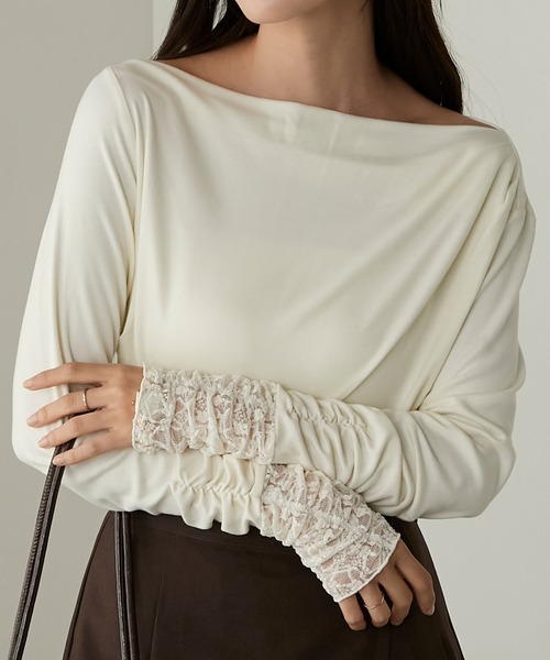 Cherir Mignon(シェリルミニョン)の「【Cherir Mignon】- Silhouette Couture -レース袖ドレープボートネックロンTEE(Tシャツ/カットソー・レディース・チャコールグレー/アイボリー/ブラック/ピンク/ブラウン・S/M)」の22枚目の写真