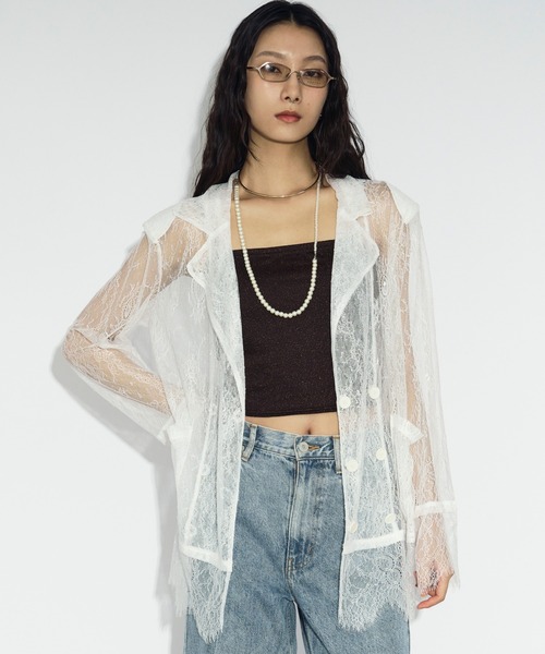 Ezick(エジック)の「scallop lace ダブルレースジャケット/setup対応(テーラードジャケット・レディース・ブラック/オフホワイト・FREE)」の2枚目の写真