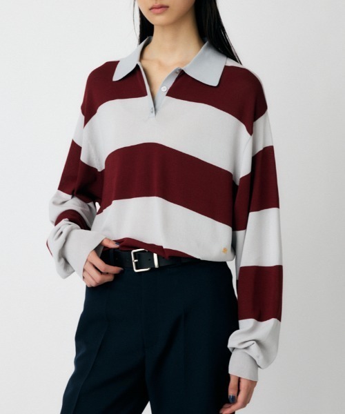 MOUSSY(マウジー)の「BORDER ニットポロシャツ(ニット/セーター・レディース・ブラック/ブラウン系その他/ライトブルー/グレー系その他・FREE)」の3枚目の写真